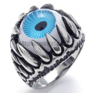 Blue Eyeball Demon Skull Biker Ring Stainless Steel Gothic Dragon Claw Blue Devil Eye Biker Men Ring SWR0085