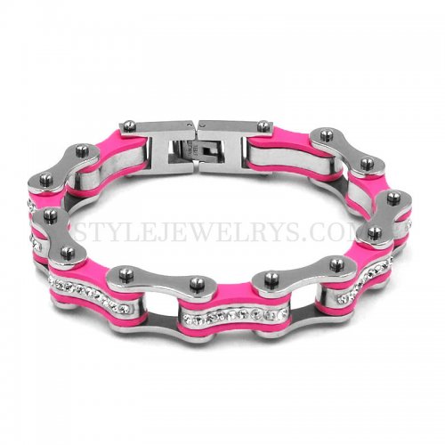 Bling Crystal Motorcycle Bracelet Stainless Steel Jewelry Pink Bicycle Chain Motor Biker Girls Women Bracelet SJB0366